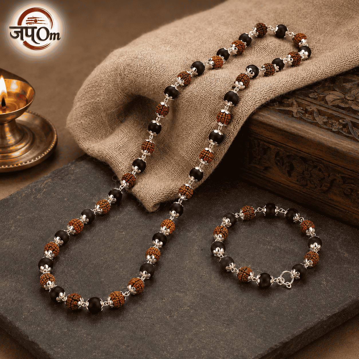 Silver Plated Rudraksha Karungali Mala + Bracelet Combo