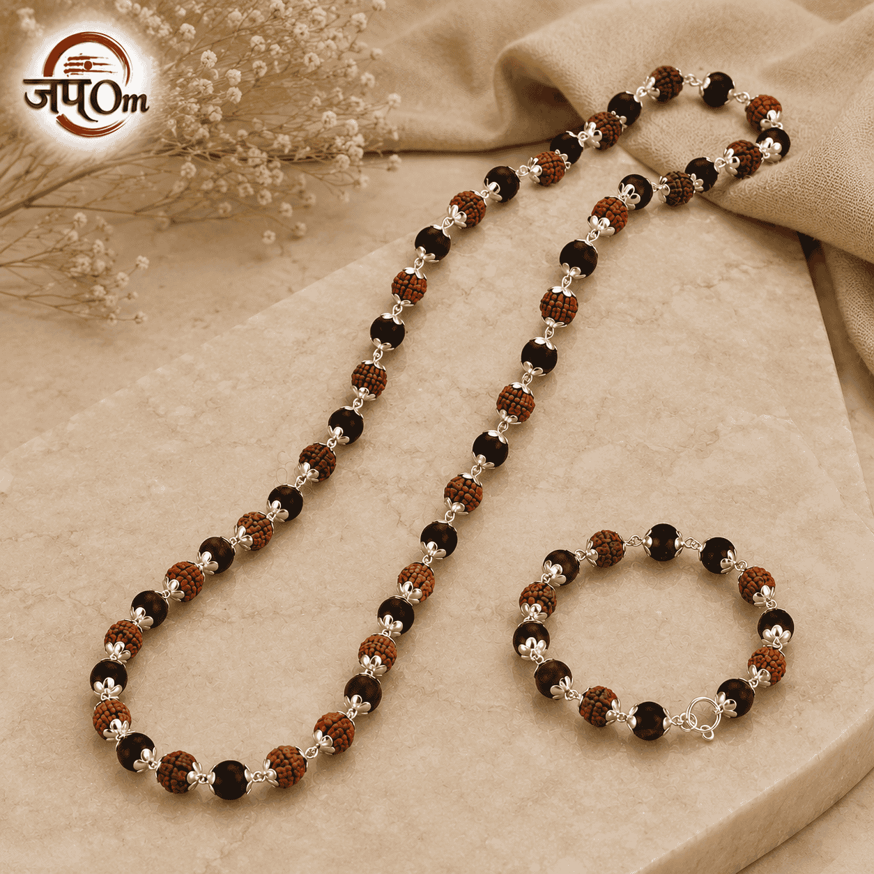 Silver Plated Rudraksha Karungali Mala + Bracelet Combo1