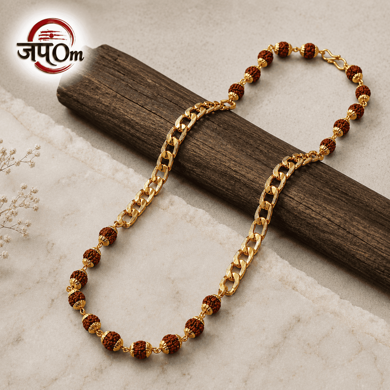 Gold Plated Rudraksha Links Necklace For Men