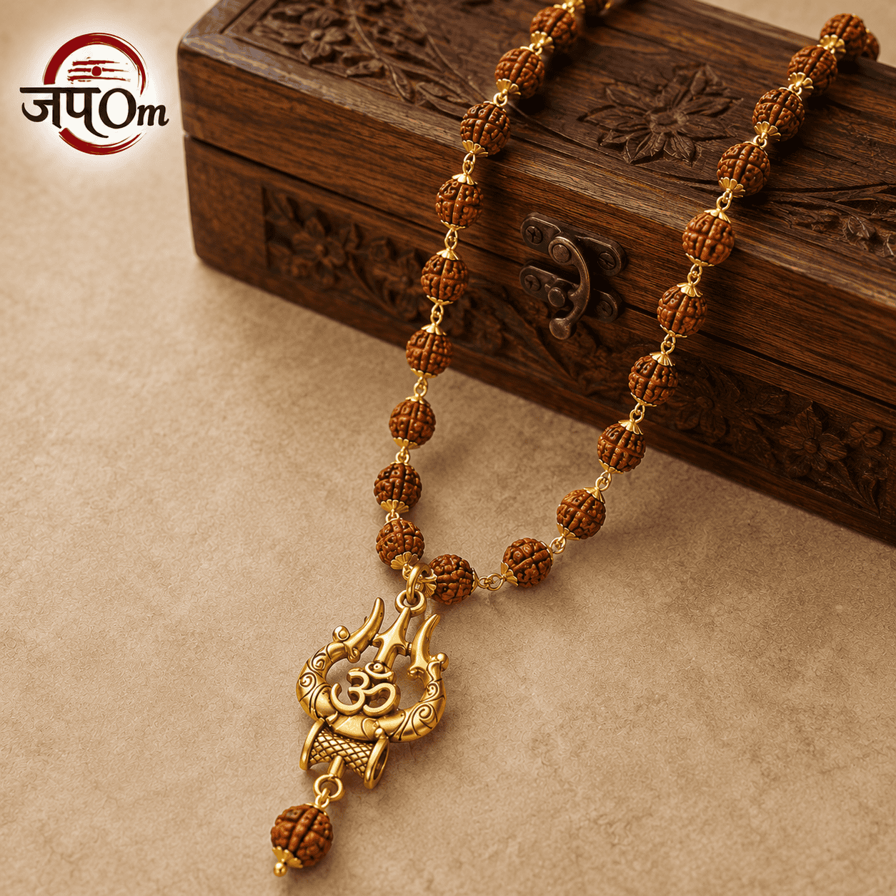 Gold Plated Rudraksha Om Trishool Necklace