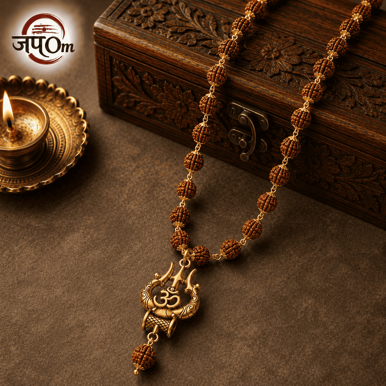 Gold Plated Rudraksha Om Trishool Necklace1