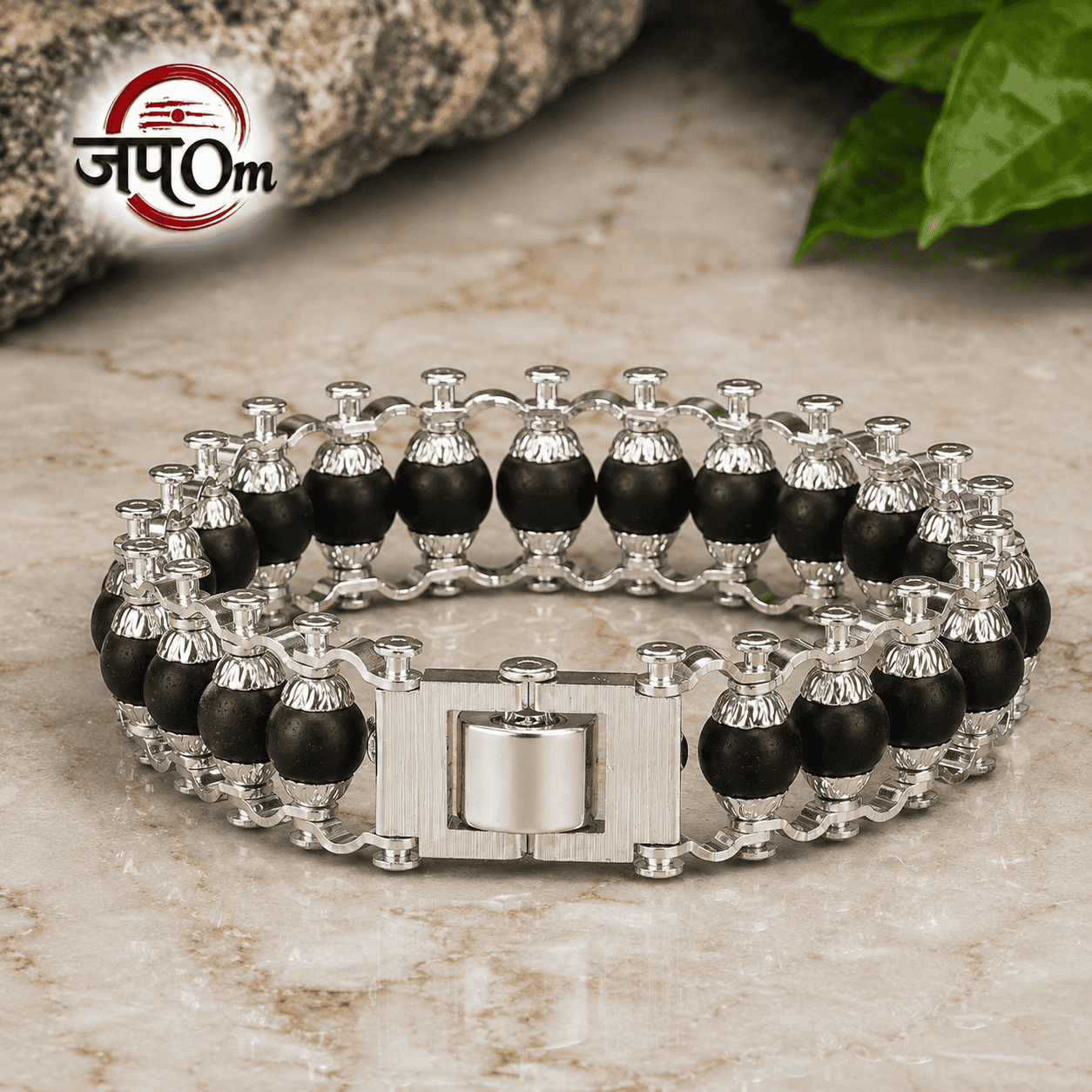 Silver Plated Karungali Modern Bracelet - Natural Ebony Wood