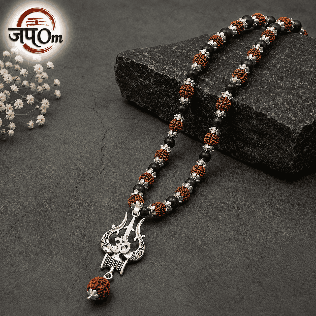 Silver Plated Rudraksha & Karungali Mala with Trishul Pendant