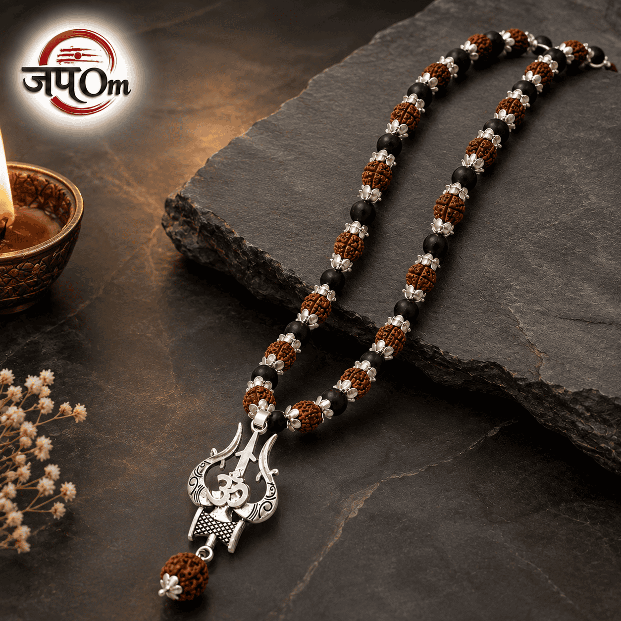 Silver Plated Rudraksha & Karungali Mala with Trishul Pendant2